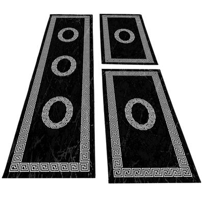 Bettumrandung Läuferset 3 teilig Teppich kurzflor Mäander Muster Schwarz Weiß