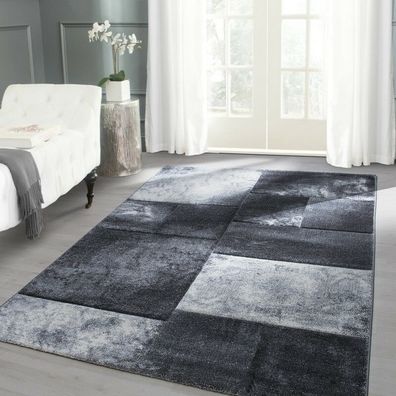 Wohnzimmerteppich Kurzflor Teppich Design Rechteck Karo Muster Grau Meliert
