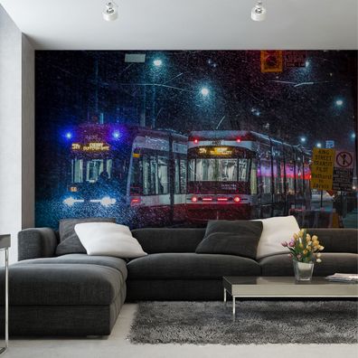 Muralo Selbstklebende Fototapeten XXL Garage Straßenbahnen Stadt Nacht 3872