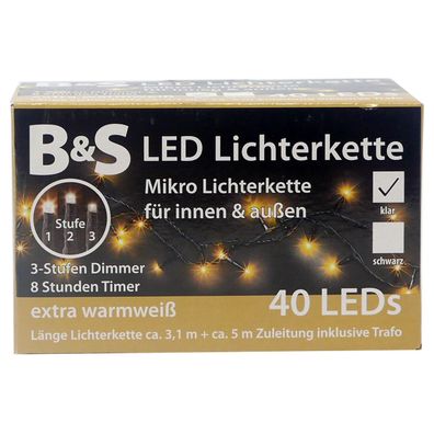 LED Mikro Lichterkette 40 LED`s extra warmweiß 3 Stufen Dimmer und Timer