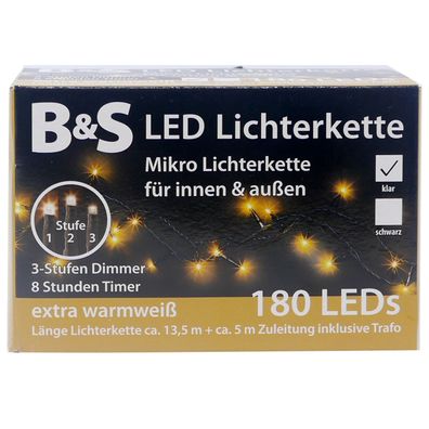 LED Mikro Lichterkette 180 LED`s extra warmweiß 3 Stufen Dimmer und Timer