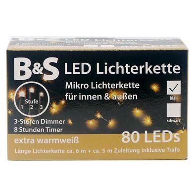LED Mikro Lichterkette 80 LED`s extra warmweiß 3 Stufen Dimmer und Timer