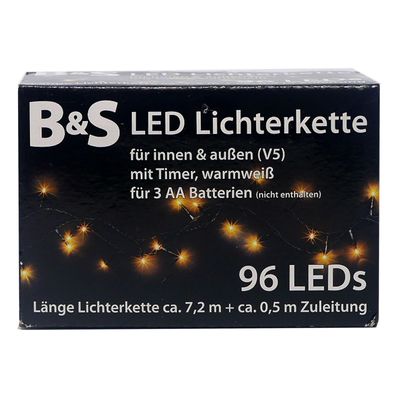 LED Lichterkette 96 LEDs warmweiß Batteriebetrieb - 8 Std Timer Innen & Außen