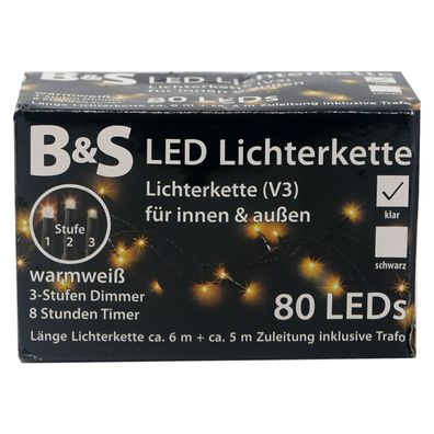 LED Lichterkette 80 LEDs warmweiß 3 Stufen Dimmer - 8 Std Timer Innen & Außen