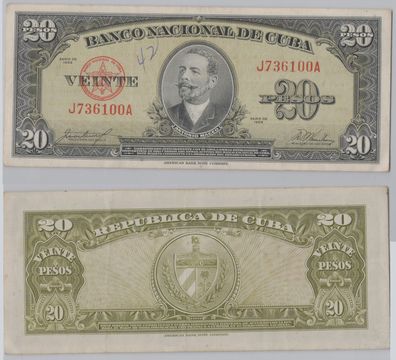 20 Pesos Banknote Cuba Kuba 1958 Antonio Maceo Pick 80 (145108)