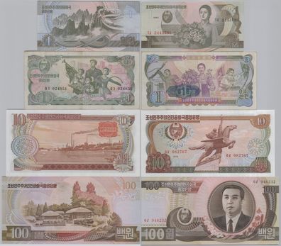 4 Banknoten 1 bis 100 Won Nordkorea North Korea 1978-1992 UNC (152873)