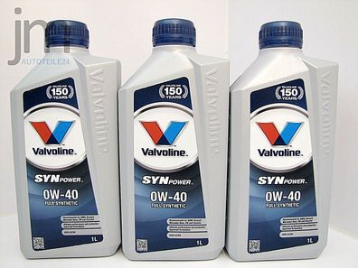 3 x 1L (3 Liter) Valvoline Synpower 0W40 Motoröl Öl SAE 0W-40 Oil