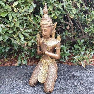 Gartenfigur kniende Buddha Figur Tempelwächter 80 cm Bronze Optik