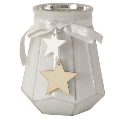 Wind Teelicht Glas H=13,5cm Halter weiß silber Stern Kerze mit Anhänger Laterne
