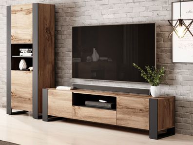 Wohnzimmer-Set Wood II Komplett Modern TV-Lowboard Vitrine Wohnmöbel M24