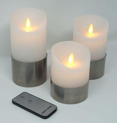 3er Set LED Kerzen weiß mit Silberring , realer Flammenoptik und Fernbedienung