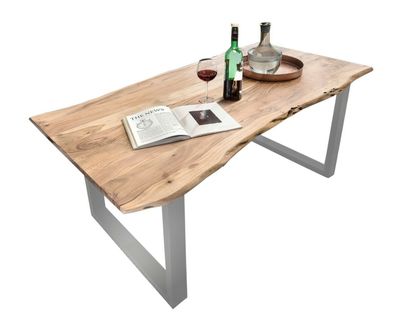 Kufentisch 160x85 Akazie massivholz/ alufarben Esstisch Esszimmertisch Baumkante