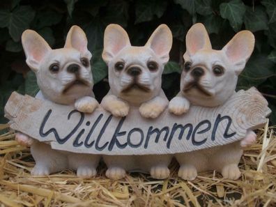 Französische Bulldogge Figur 3 Welpe 25cm Deko Schild Welpe Willkommen Garten