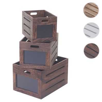 3er Set Holzkiste HWC-E11, Aufbewahrungsbox mit Tafel, Shabby-Look