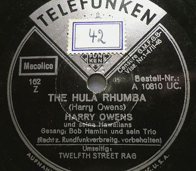 BOB HAMLIN & HARRY OWENS "The Hula Rhumba / Twelfth Street Rag" Telefunken 78rpm