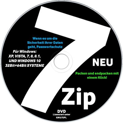 7ZIP 32bit + 64-bit DVD WINZIP ZIP RAR TAR 38 Archiv Packer Entpacker komprimieren