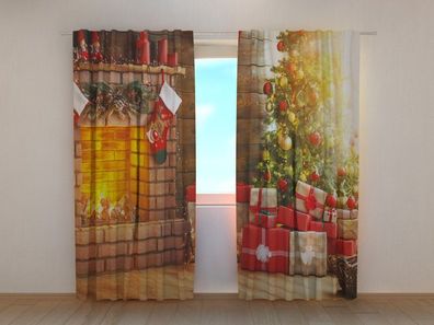 Fotogardine Weihnachtsbaum am Kamin, Vorhang mit Motiv, Fotodruck, Gardine auf Maß