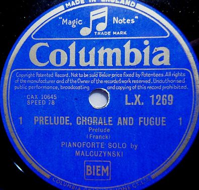 Malcuzynski "Prelude, Chorale And Fugue (Franck)" Columbia 78rpm 12"