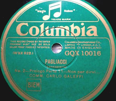 Carlo Galeffi "Non per dirvi / Preludio e Prologo" Columbia 78rpm 12"
