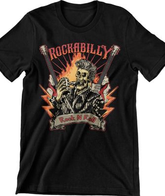 Rockabilly Shirt Rock N Roll T-Shirt Bedruckt Vintage Skull Gitarre 49er #RBRNR-