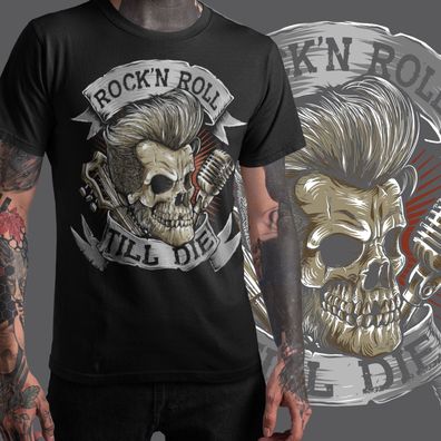 Rock N Roll T-Shirt Bedruckt Vintage Rockabilly Skull Hot Rod Biker #RnRtd-
