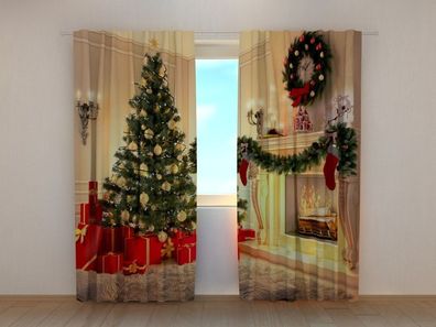 Fotogardine Weihnachten am Kamin, Vorhang mit Motiv, Digitaldruck, Gardine auf Maß