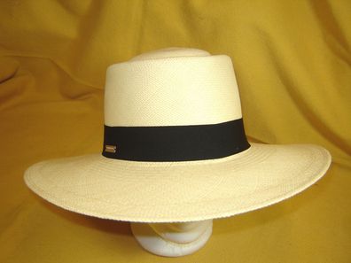 echt Panama Damenhut eleganter Strohhut weiter Rand natur mit Ripsband schwarz