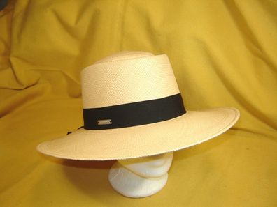 echt Panama Damenhut eleganter Strohhut weiter Rand beige mit Ripsband schwarz