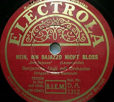 Benjamino GIGLI "Nein, bin Bajazzo nicht bloß / Ich war Soldat" Electrola 78rpm