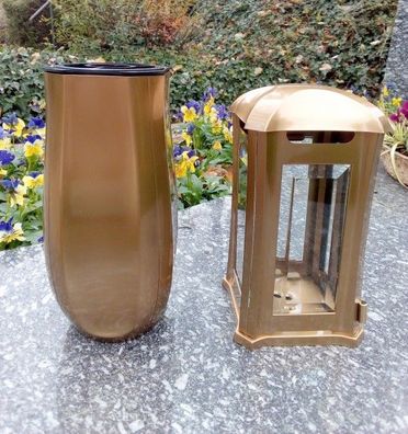Grabschmuck Set bronzefarben Grablampe / Grabvase Grablaterne Vase Friedhof