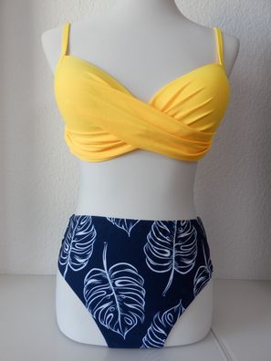 Cupshe gelber hoch taillierter Bikini mit Twist-Front, Palm-Print Gr. XL neu