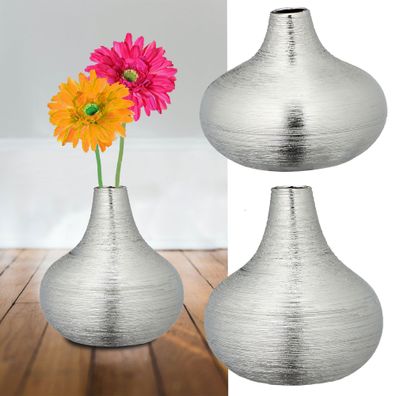 Vase silber matt H:13/18cm bauchig Steinzeug Blumenvase Tischvase Dekovase Stein