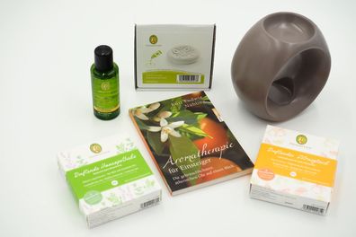 Primavera Aromatherapie Starterset Maxi 6 ätherische Öle Duftlampe grau Körperöl Buch