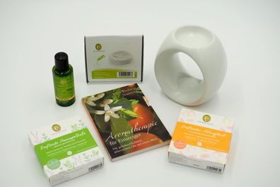 Primavera Aromatherapie Starterset "Maxi" 6 äth. Öle Duftlampe weiß Körperöl Buch