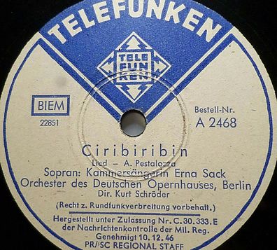 ERNA SACK "Ciribiribin / Vieni, Vieni" Telefunken 1946 78rpm 10"