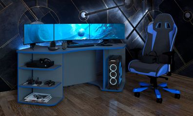 Gamingtisch Xeno, in Anthrazit/ Blau für mehrere Monitore