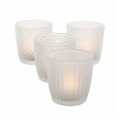 Windlicht MARILU - 4 teilig - Milchglas Optik Glas Teelicht Halter Tisch Deko