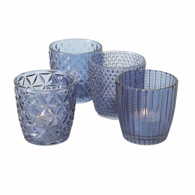Windlicht MARILU - 4 teilig - transparent blau Glas Teelicht Halter Tisch Deko
