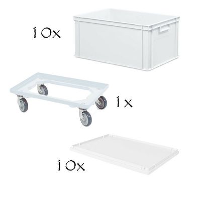 10 Euroboxen, LxBxH 600x400x320 mm + 10 Stülpdeckel + 1 Transportroller, weiß