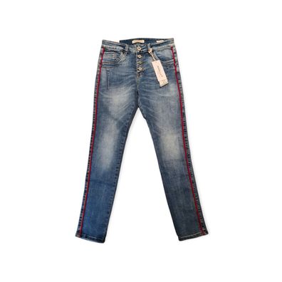 Jewelly Damen Jeans Stretch Denim Skinny Knöpfe Waschung roter Streifen XS