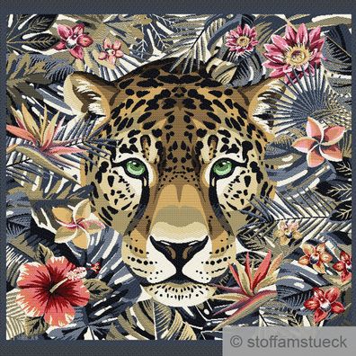 Stoff Kissen Panel Polyester Baumwolle Gobelin marine Leopard Dschungel 50 x 50