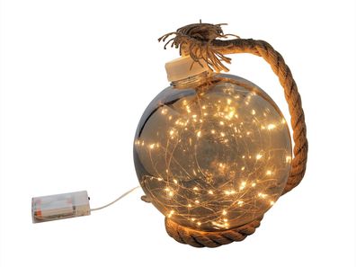 LED Kugel an Hanf Seil - beleuchtet mit 30 LED / Timer - &Oslash; 20 cm