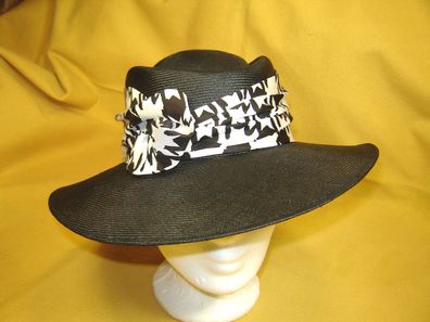 Damenhut Strohhut klassisch weite Form Sisal schwarz m Band schwarz-weiß Anlasshut