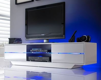 TV-Lowboard weiß Hochglanz Board für Flat-TV Unterschrank Blues mit LED Beleuchtung