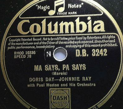 Doris DAY & Johnnie RAY "Ma Says, Pa Says / A Full Time Job" Columbia 1953 78rpm