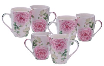 Porzellan Kaffeetasse Rosen Motiv 250 ml - 6er Set - Kaffee Becher Tee Tasse Pot Mug