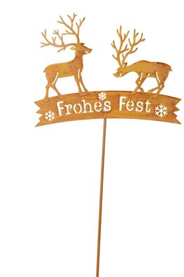 Schild Stecker Frohes Fest Hirsch Garten Metall Dekoration Weihnachten Winter