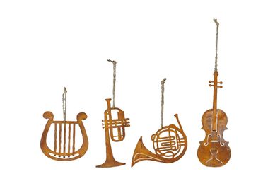 Instrumente Geige Trompete Harfe Horn Deko Metall Hänger ROST Weihnachten 4x