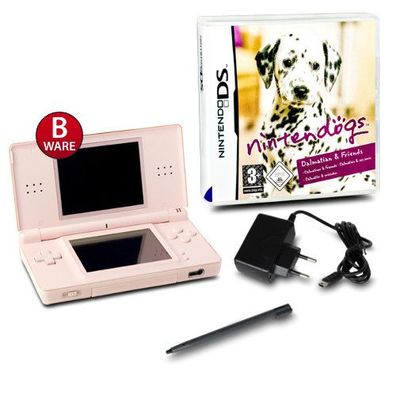 DS Lite Handheld Konsole rosa #74B + Spiel Nintendogs Dalmatiner & Friends
