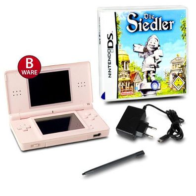 DS Lite Handheld Konsole rosa #74B + ähnliches Ladekabel + Spiel Die Siedler DS